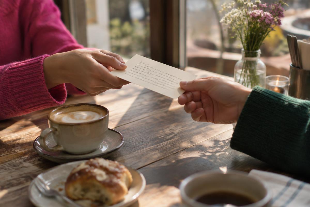 A handwritten message being passed between two people