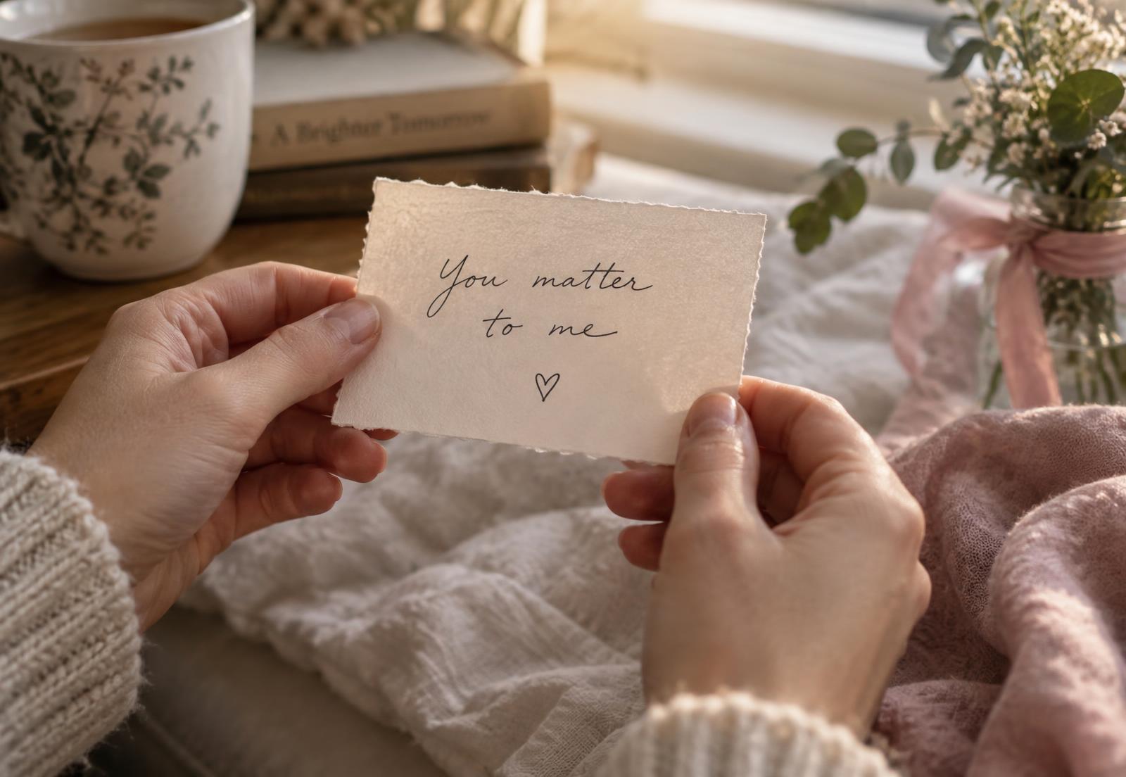 Hands holding a handwritten note that reads: You matter to me